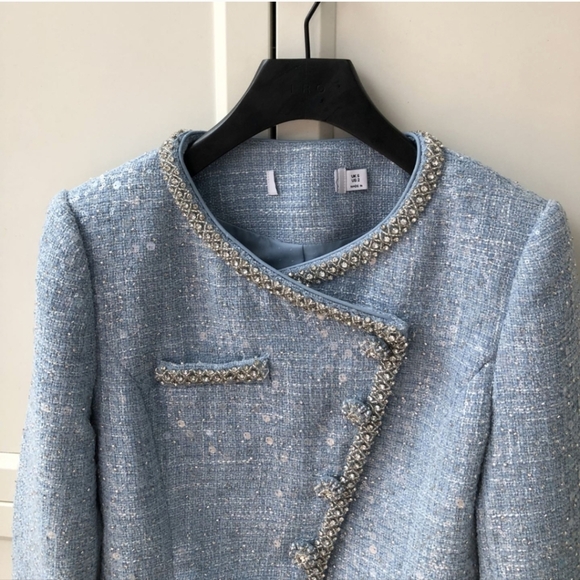 Self-Portrait BLUE SEQUIN BOUCLE CROPPED JACKET - Picture 3 of 8